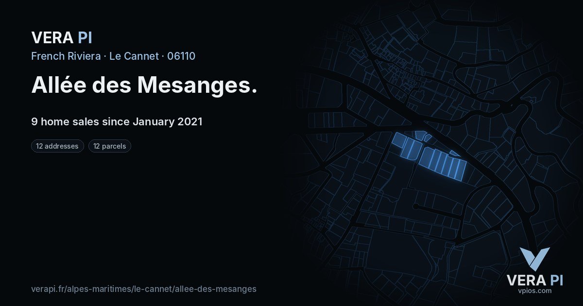 Allée des Mesanges, Le Cannet at night – every parcel coloured by the prices around it, the street's own parcels lit