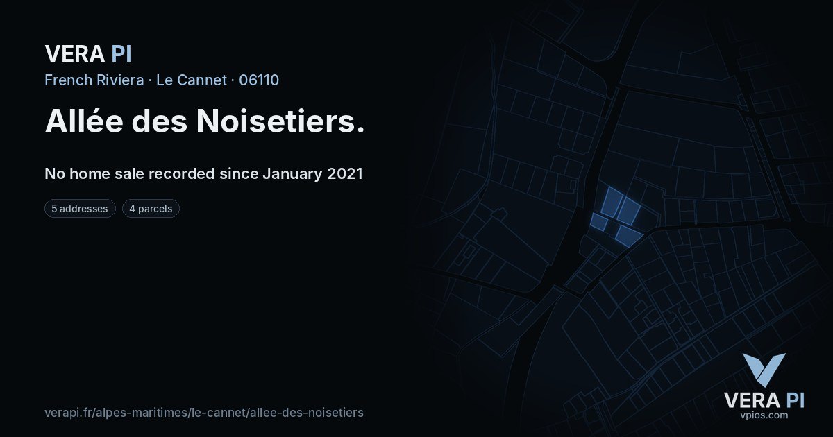 Allée des Noisetiers, Le Cannet at night – every parcel coloured by the prices around it, the street's own parcels lit