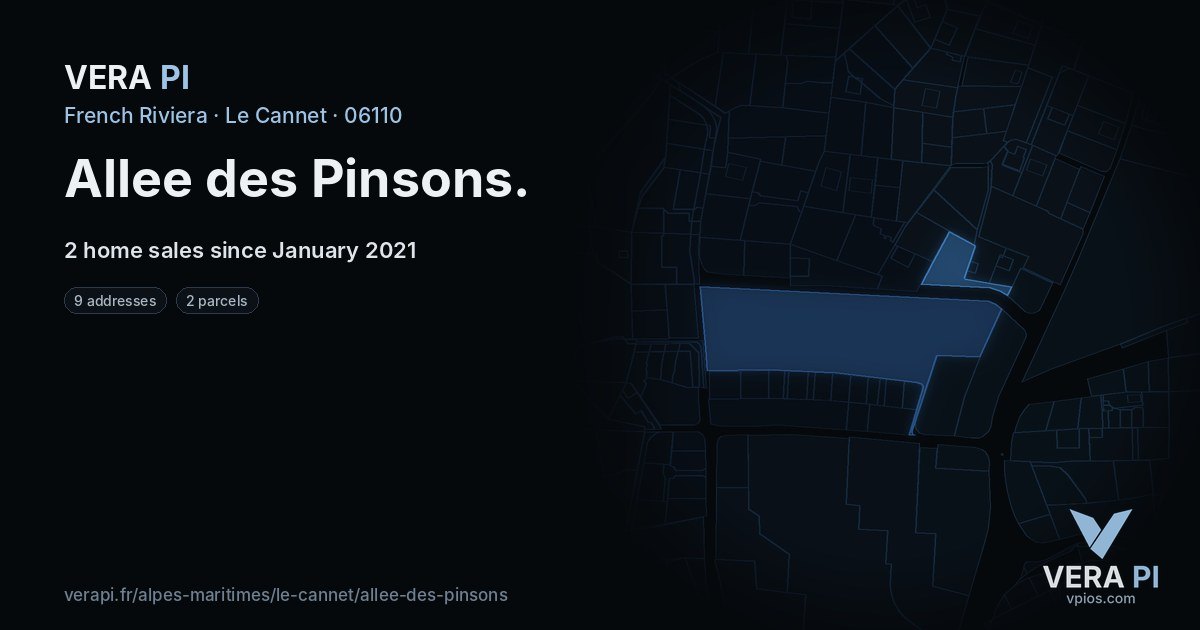 Allee des Pinsons, Le Cannet at night – every parcel coloured by the prices around it, the street's own parcels lit