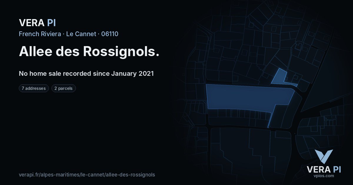Allee des Rossignols, Le Cannet at night – every parcel coloured by the prices around it, the street's own parcels lit