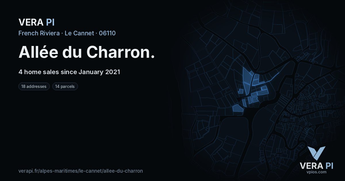 Allée du Charron, Le Cannet at night – every parcel coloured by the prices around it, the street's own parcels lit