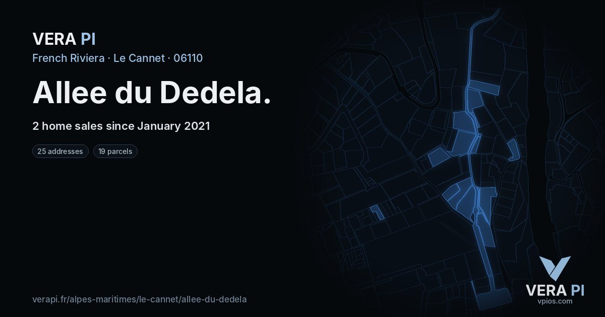 Allee du Dedela, Le Cannet at night – every parcel coloured by the prices around it, the street's own parcels lit