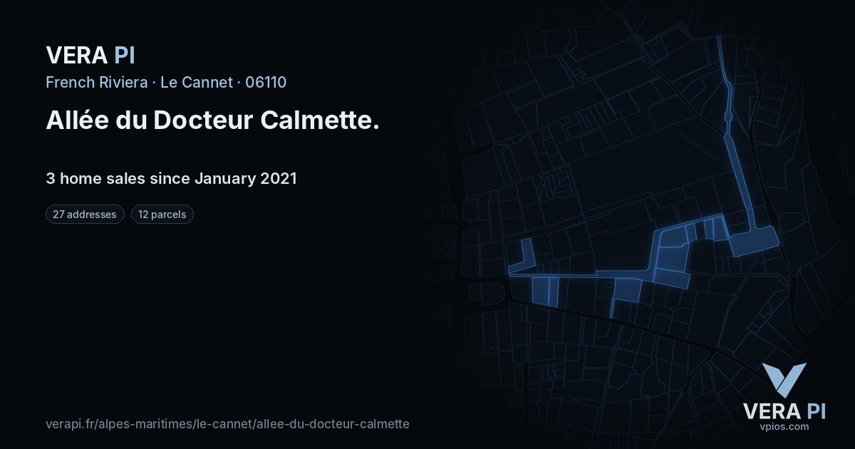Allée du Docteur Calmette, Le Cannet at night – every parcel coloured by the prices around it, the street's own parcels lit