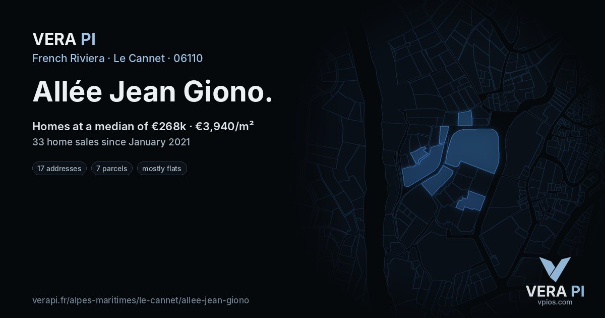 Allée Jean Giono, Le Cannet at night – every parcel coloured by the prices around it, the street's own parcels lit