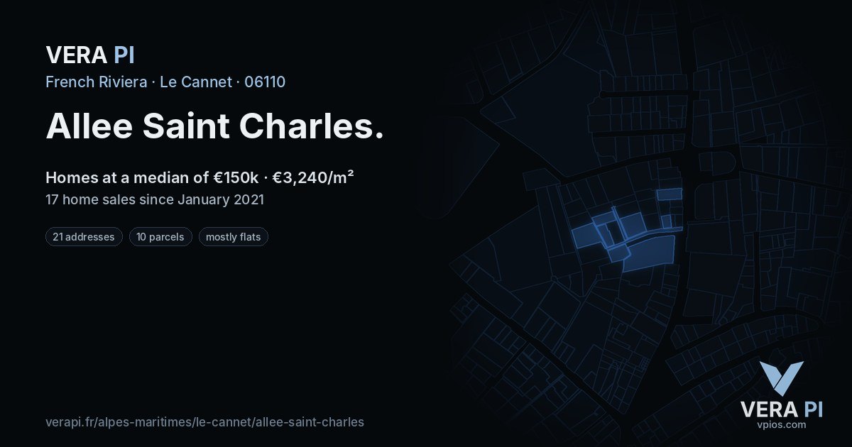 Allee Saint Charles, Le Cannet at night – every parcel coloured by the prices around it, the street's own parcels lit