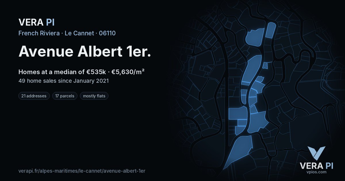 Avenue Albert 1er, Le Cannet at night – every parcel coloured by the prices around it, the street's own parcels lit