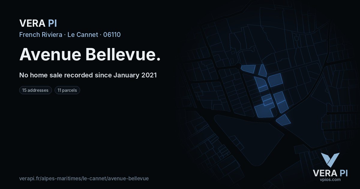 Avenue Bellevue, Le Cannet at night – every parcel coloured by the prices around it, the street's own parcels lit