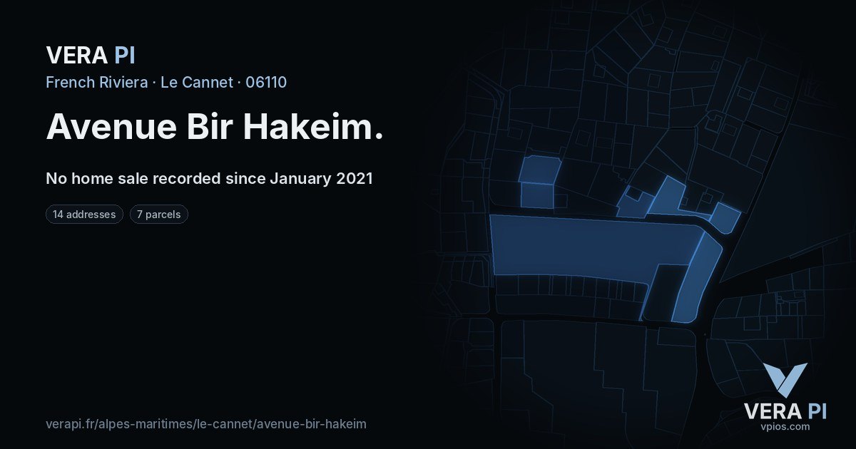 Avenue Bir Hakeim, Le Cannet at night – every parcel coloured by the prices around it, the street's own parcels lit