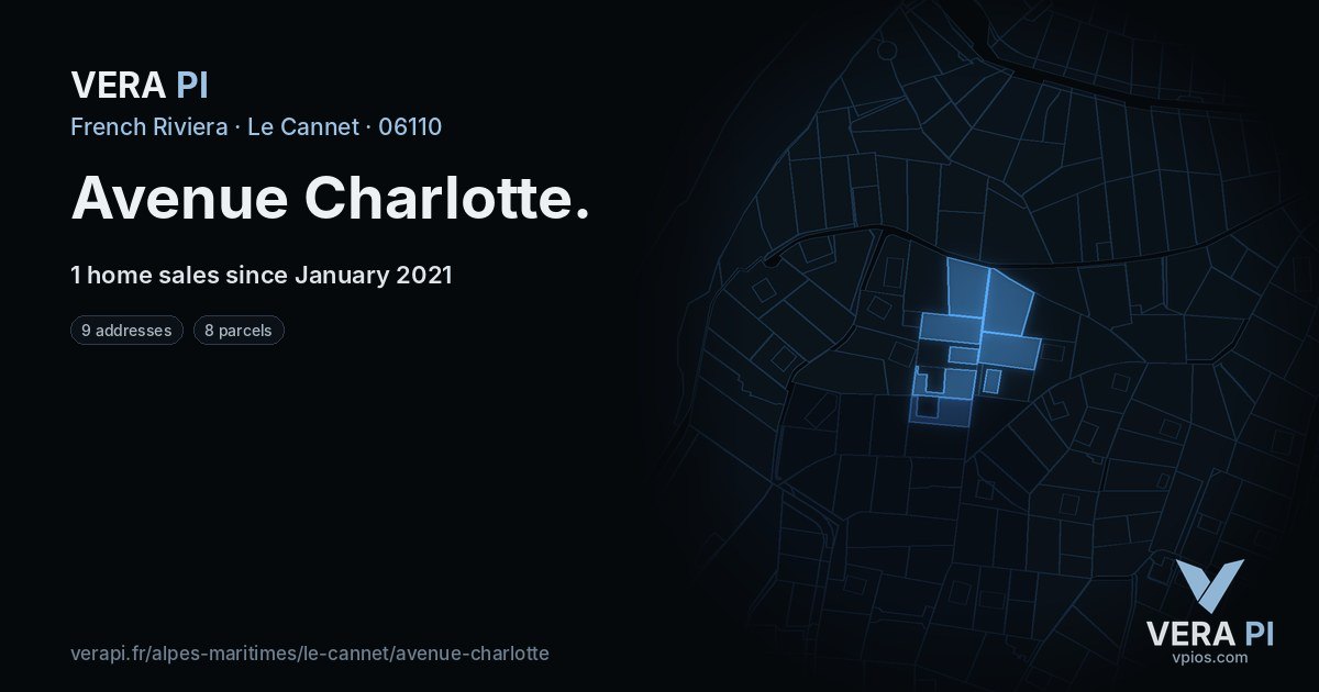 Avenue Charlotte, Le Cannet at night – every parcel coloured by the prices around it, the street's own parcels lit