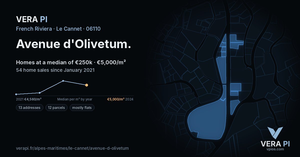 Avenue d'Olivetum, Le Cannet at night – every parcel coloured by the prices around it, the street's own parcels lit