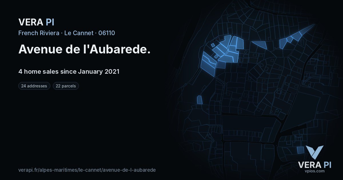 Avenue de l'Aubarede, Le Cannet at night – every parcel coloured by the prices around it, the street's own parcels lit