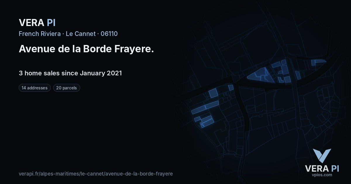 Avenue de la Borde Frayere, Le Cannet at night – every parcel coloured by the prices around it, the street's own parcels lit