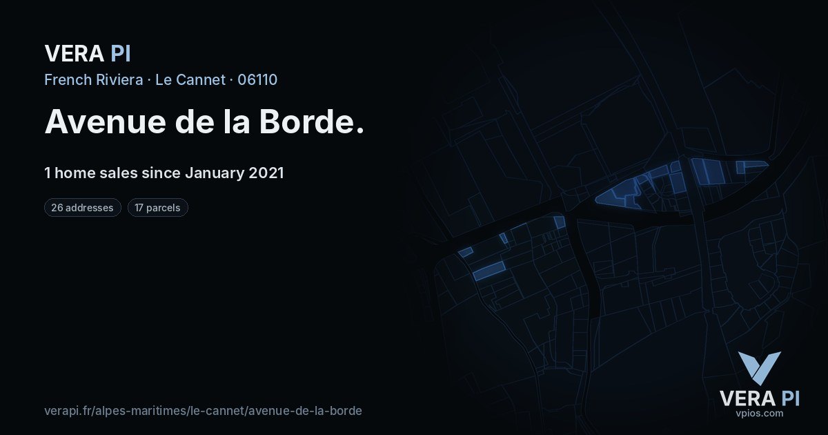 Avenue de la Borde, Le Cannet at night – every parcel coloured by the prices around it, the street's own parcels lit