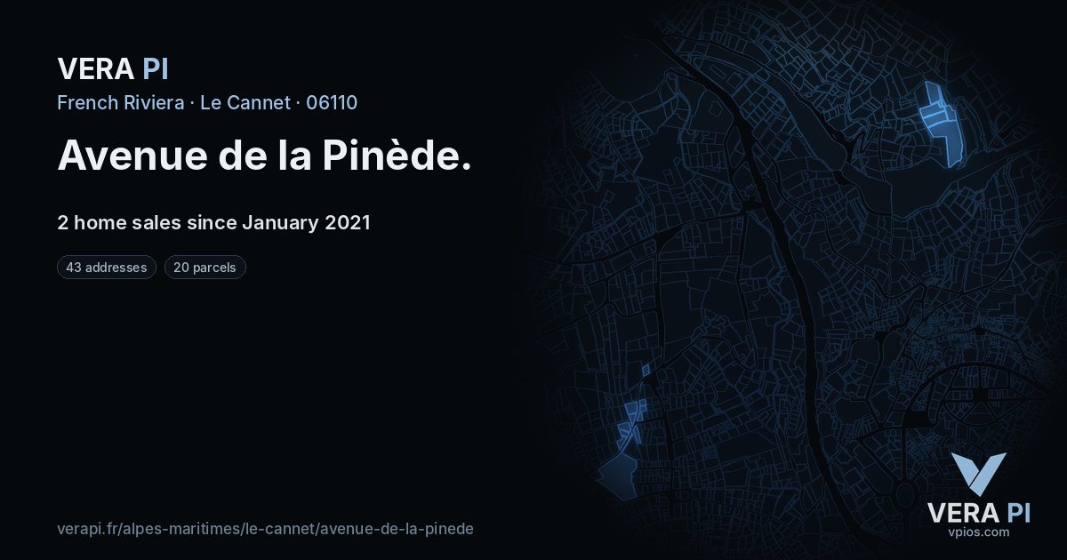 Avenue de la Pinède, Le Cannet at night – every parcel coloured by the prices around it, the street's own parcels lit