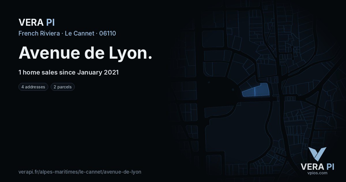 Avenue de Lyon, Le Cannet at night – every parcel coloured by the prices around it, the street's own parcels lit
