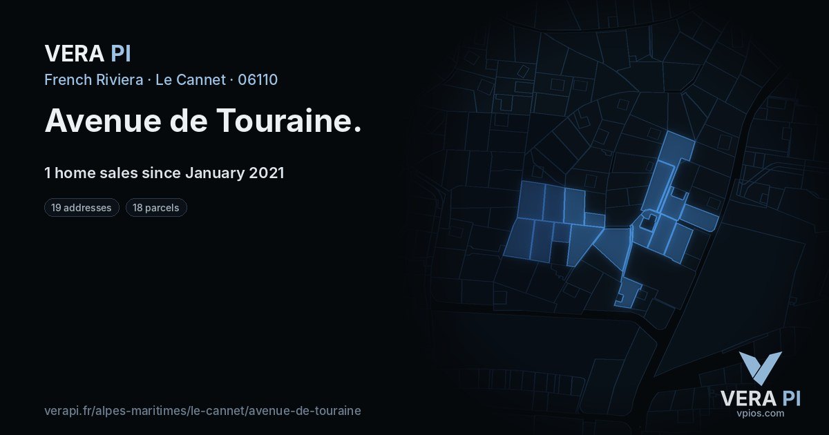 Avenue de Touraine, Le Cannet at night – every parcel coloured by the prices around it, the street's own parcels lit