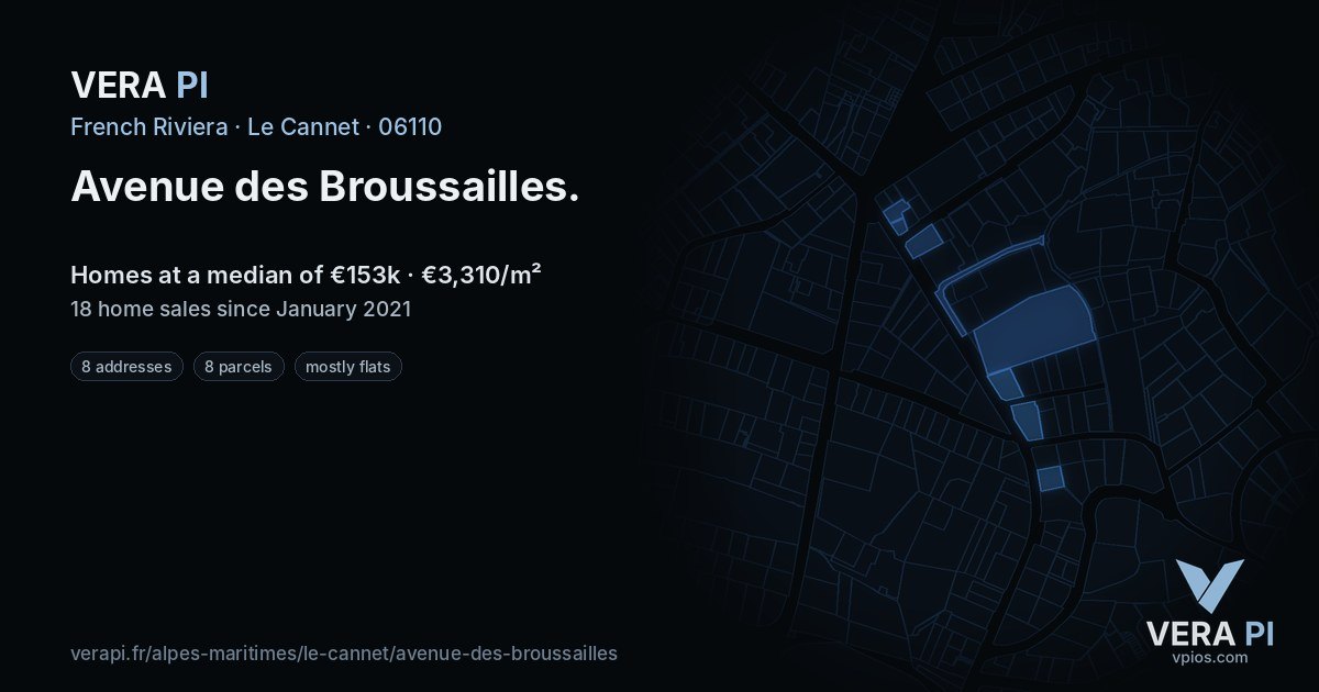 Avenue des Broussailles, Le Cannet at night – every parcel coloured by the prices around it, the street's own parcels lit