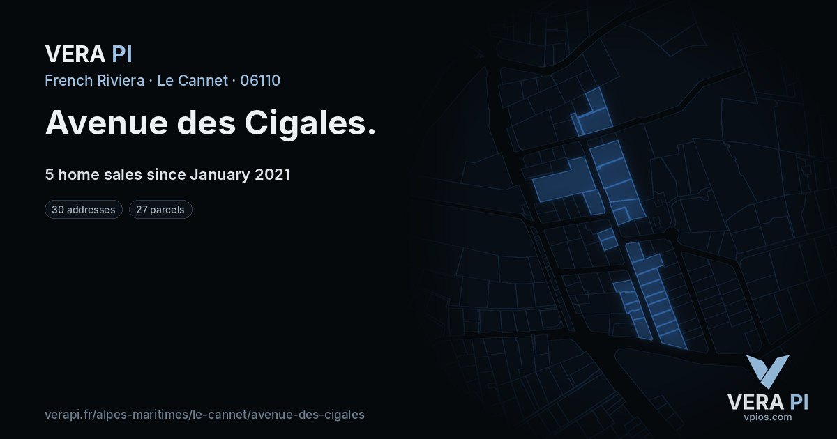 Avenue des Cigales, Le Cannet at night – every parcel coloured by the prices around it, the street's own parcels lit