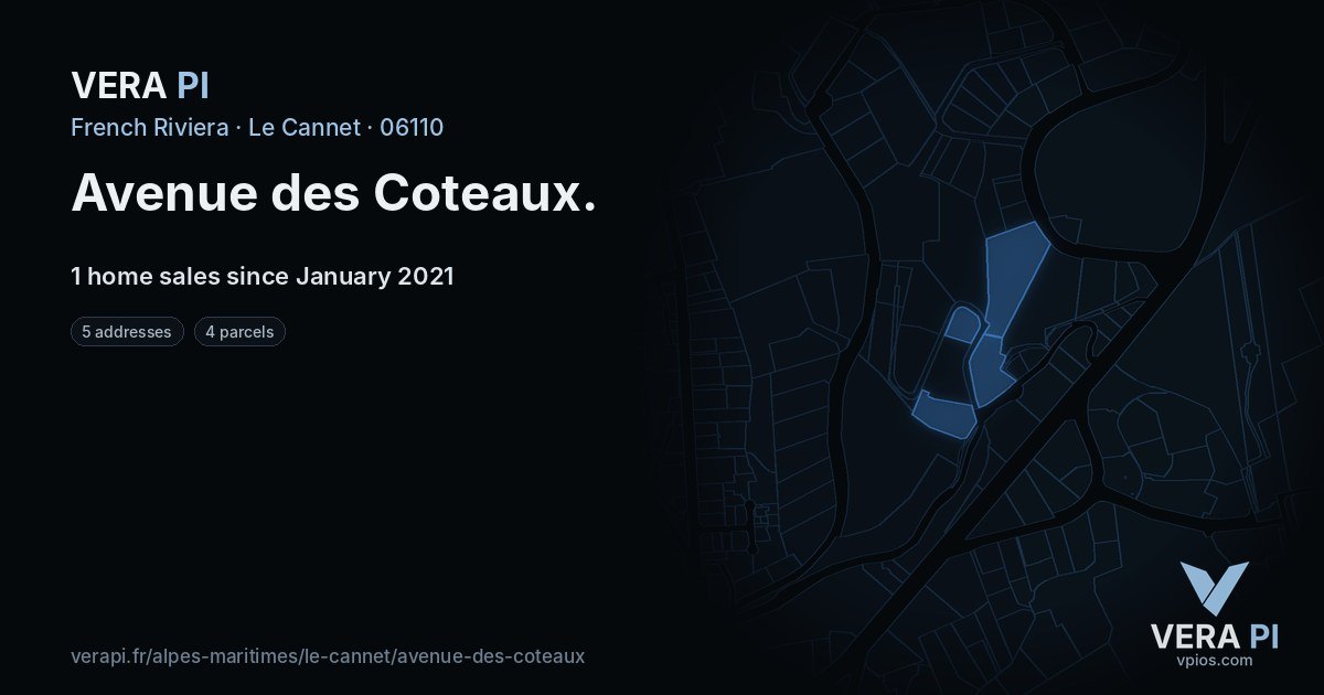 Avenue des Coteaux, Le Cannet at night – every parcel coloured by the prices around it, the street's own parcels lit