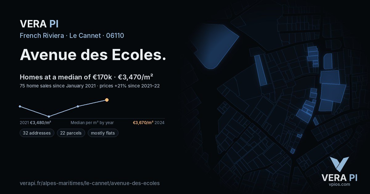 Avenue des Ecoles, Le Cannet at night – every parcel coloured by the prices around it, the street's own parcels lit
