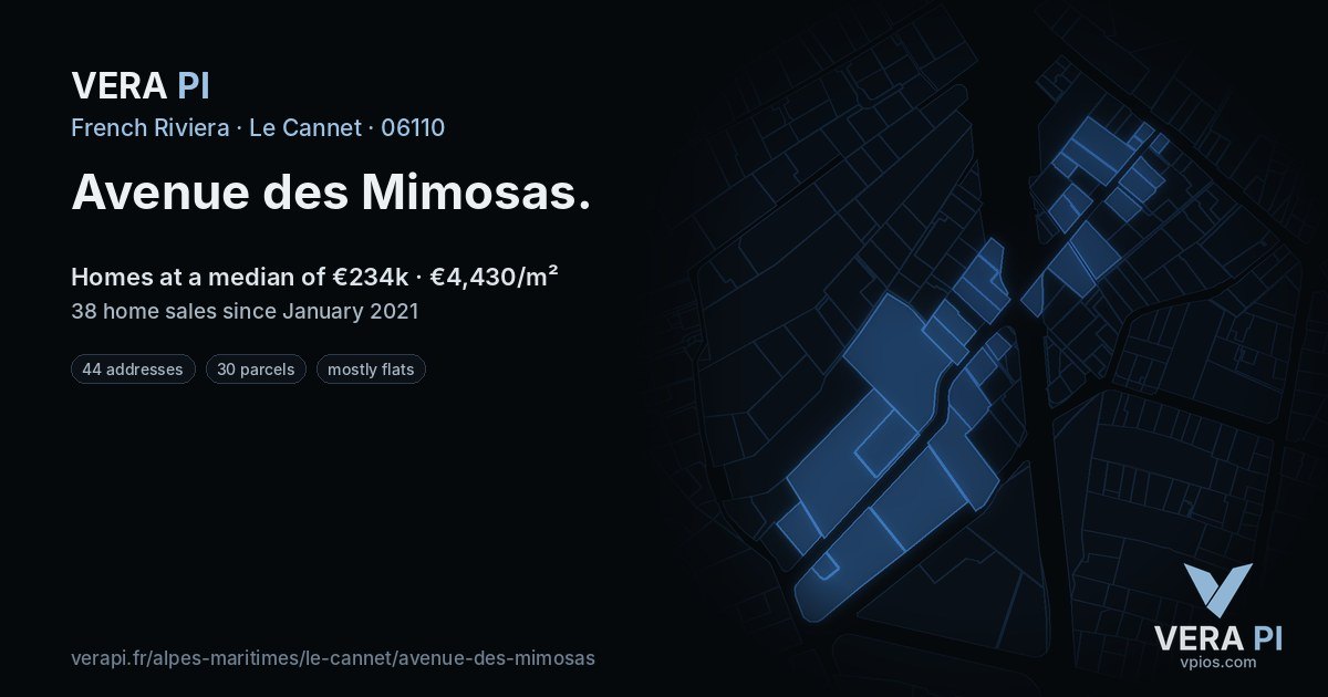 Avenue des Mimosas, Le Cannet at night – every parcel coloured by the prices around it, the street's own parcels lit