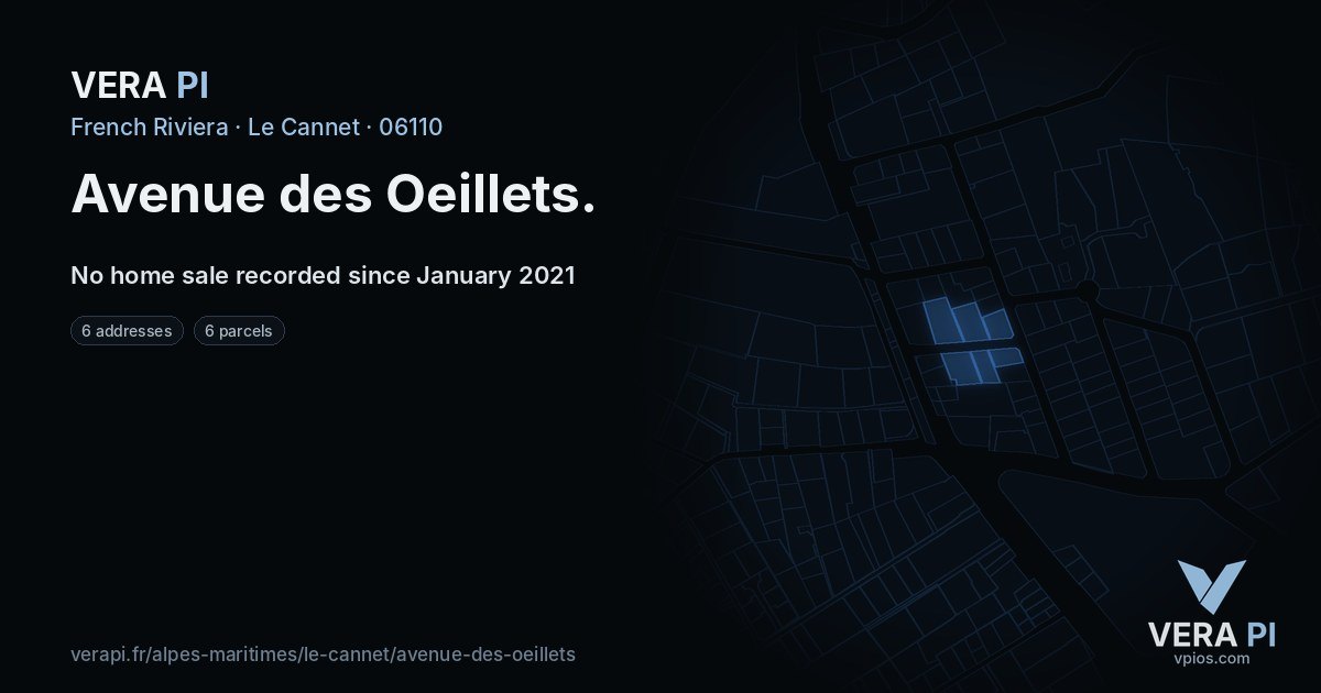 Avenue des Oeillets, Le Cannet at night – every parcel coloured by the prices around it, the street's own parcels lit