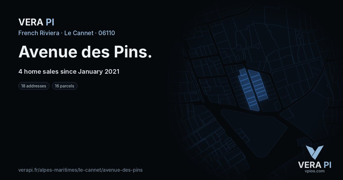 Avenue des Pins, Le Cannet at night – every parcel coloured by the prices around it, the street's own parcels lit