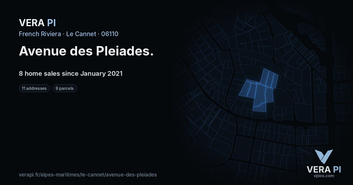 Avenue des Pleiades, Le Cannet at night – every parcel coloured by the prices around it, the street's own parcels lit