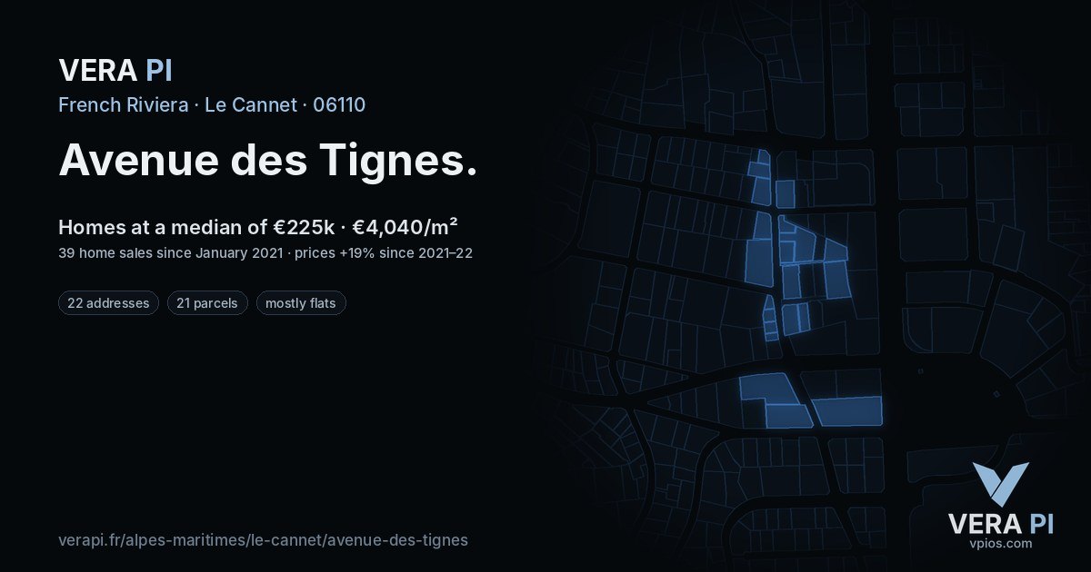 Avenue des Tignes, Le Cannet at night – every parcel coloured by the prices around it, the street's own parcels lit