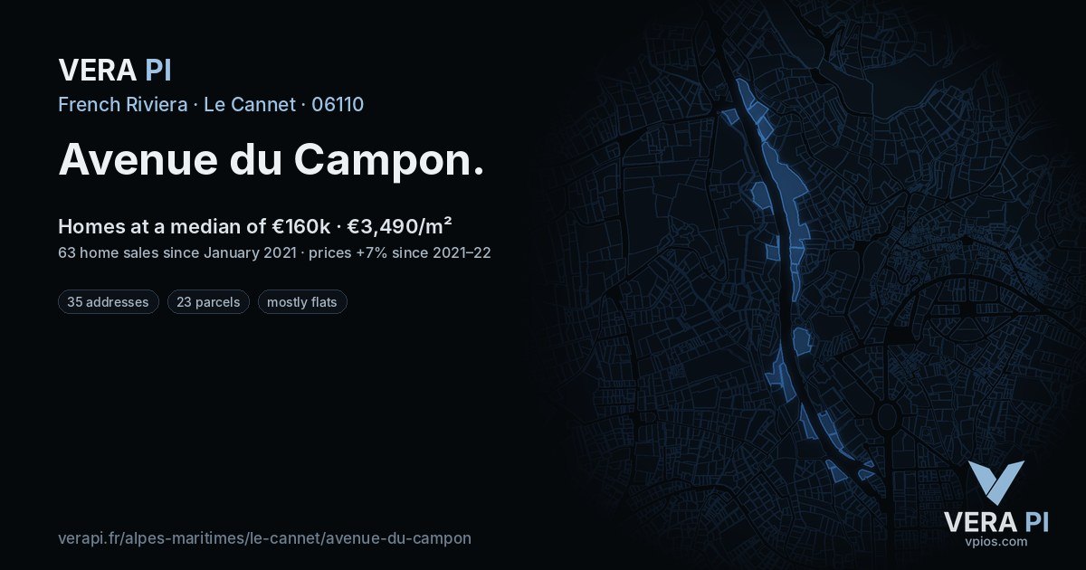 Avenue du Campon, Le Cannet at night – every parcel coloured by the prices around it, the street's own parcels lit