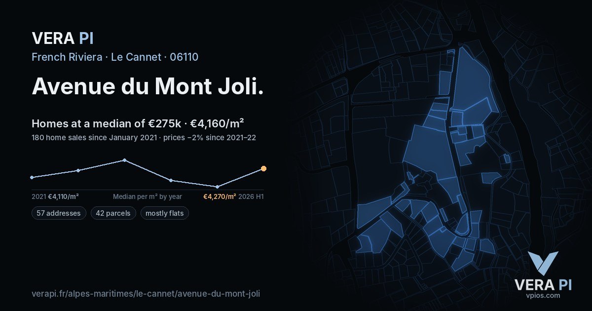 Avenue du Mont Joli, Le Cannet at night – every parcel coloured by the prices around it, the street's own parcels lit