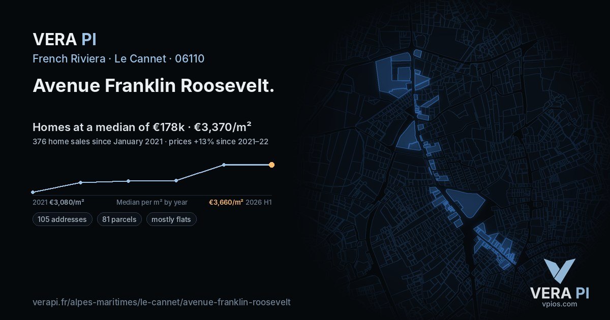 Avenue Franklin Roosevelt, Le Cannet at night – every parcel coloured by the prices around it, the street's own parcels lit