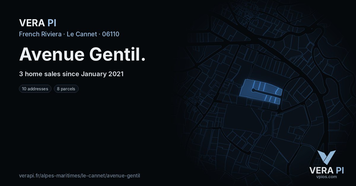 Avenue Gentil, Le Cannet at night – every parcel coloured by the prices around it, the street's own parcels lit