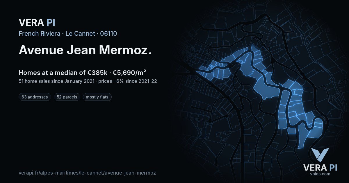 Avenue Jean Mermoz, Le Cannet at night – every parcel coloured by the prices around it, the street's own parcels lit
