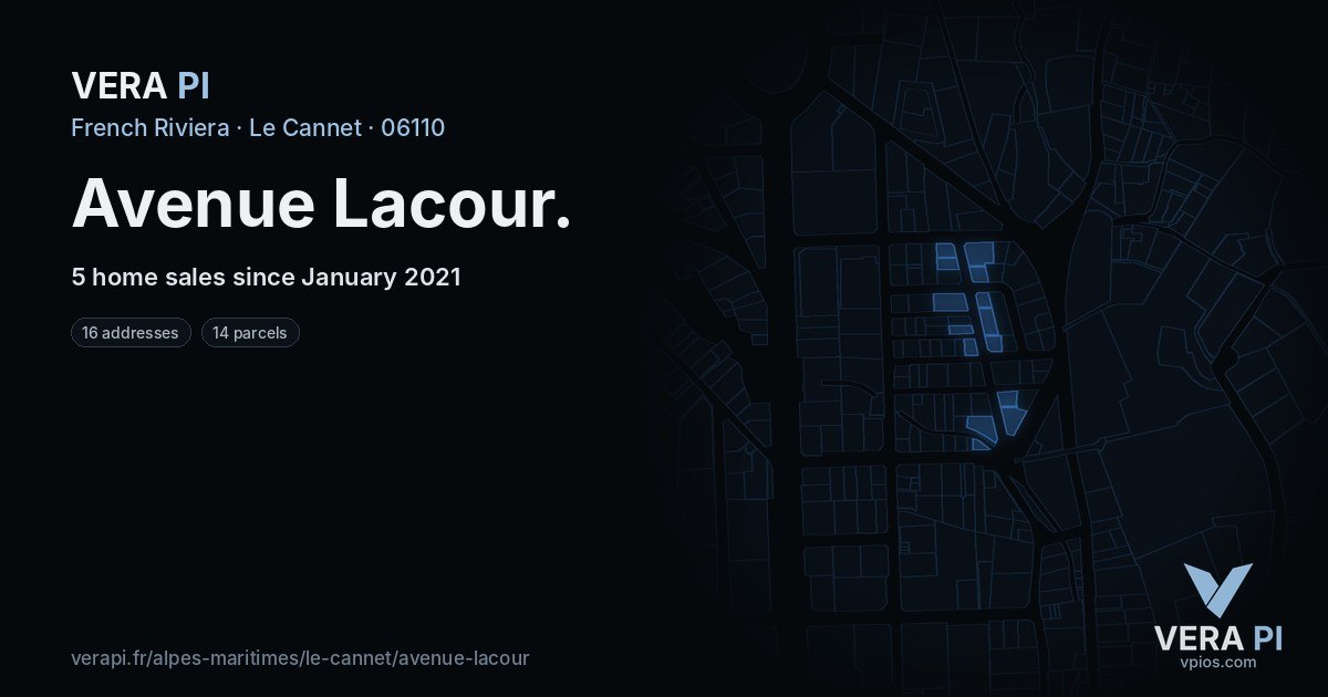 Avenue Lacour, Le Cannet at night – every parcel coloured by the prices around it, the street's own parcels lit