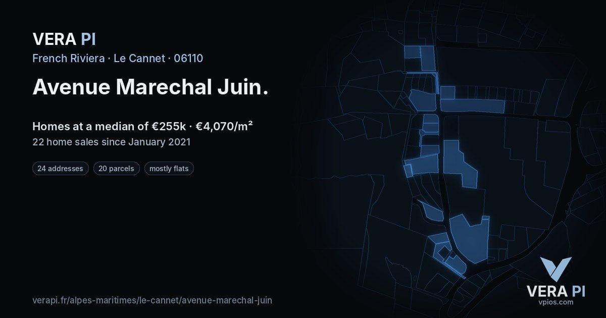 Avenue Marechal Juin, Le Cannet at night – every parcel coloured by the prices around it, the street's own parcels lit