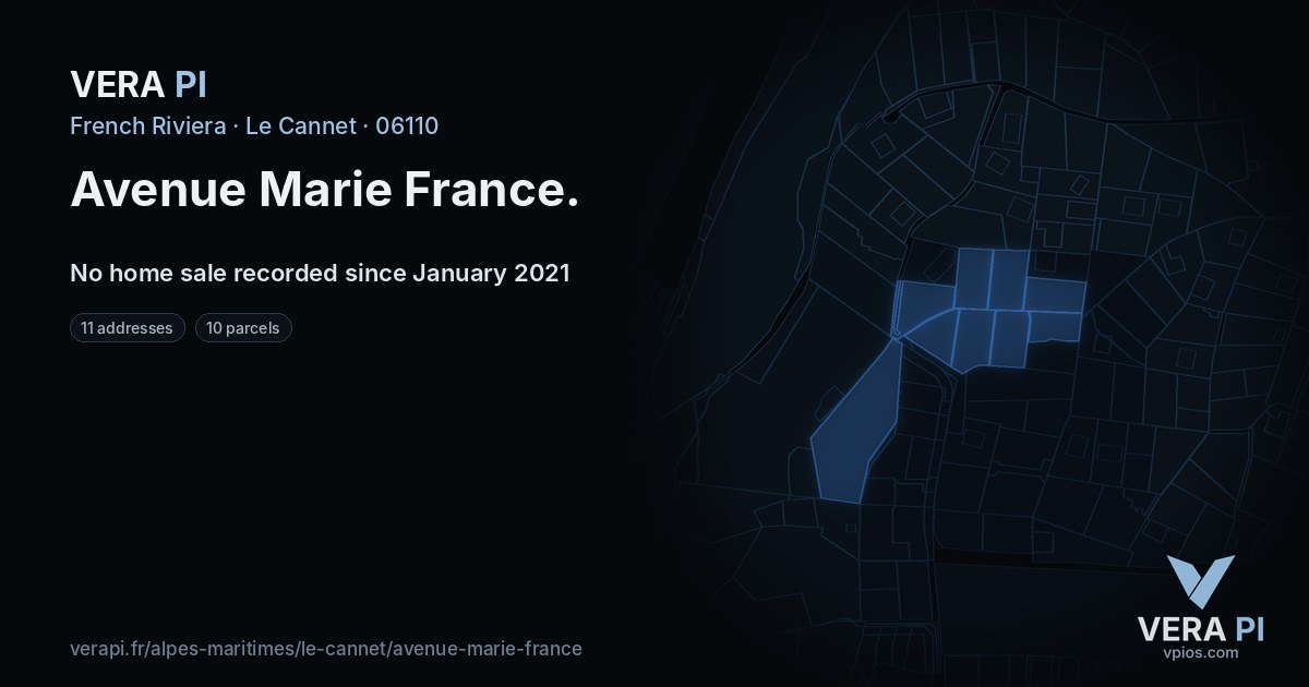 Avenue Marie France, Le Cannet at night – every parcel coloured by the prices around it, the street's own parcels lit
