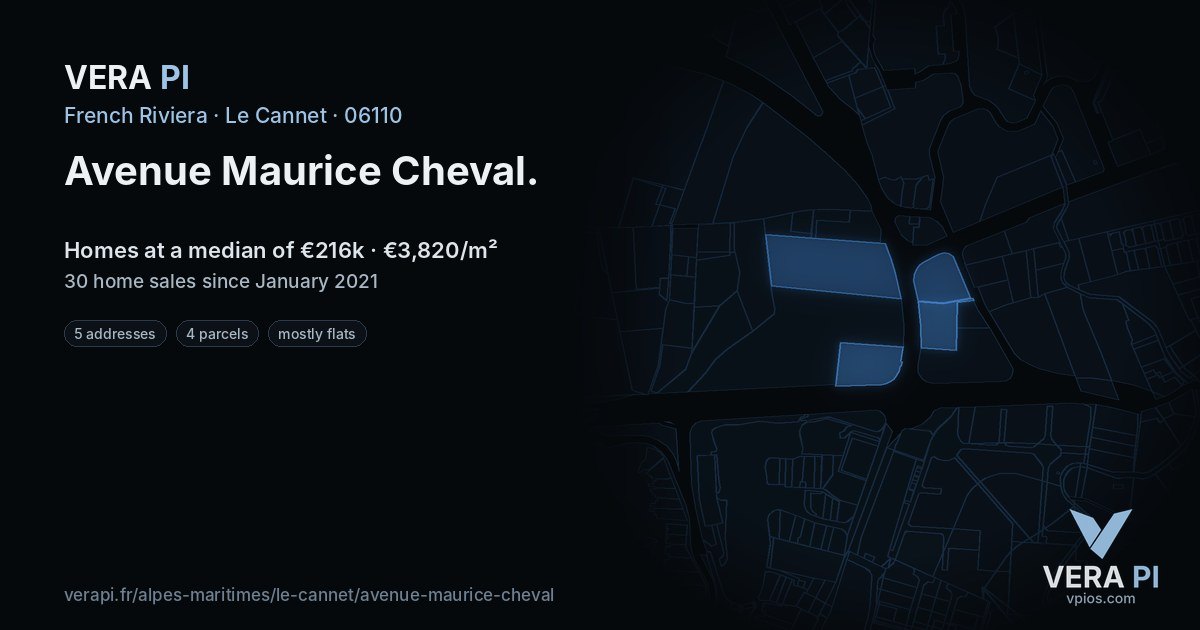 Avenue Maurice Cheval, Le Cannet at night – every parcel coloured by the prices around it, the street's own parcels lit