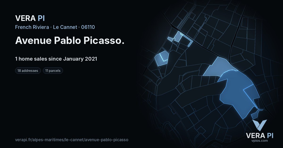Avenue Pablo Picasso, Le Cannet at night – every parcel coloured by the prices around it, the street's own parcels lit