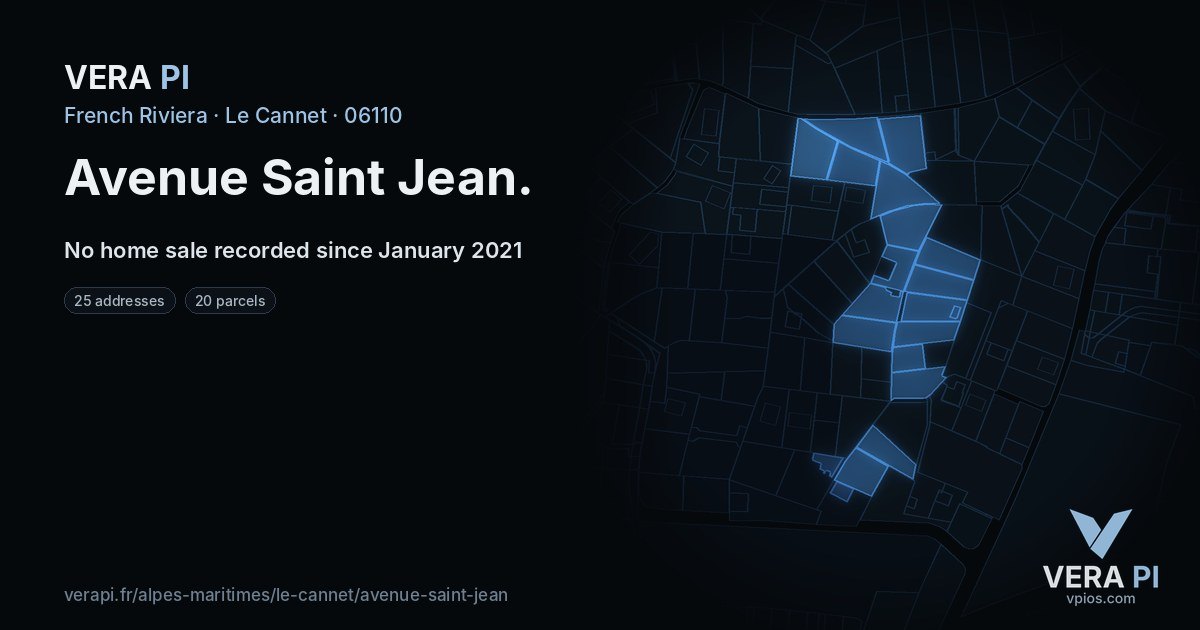 Avenue Saint Jean, Le Cannet at night – every parcel coloured by the prices around it, the street's own parcels lit