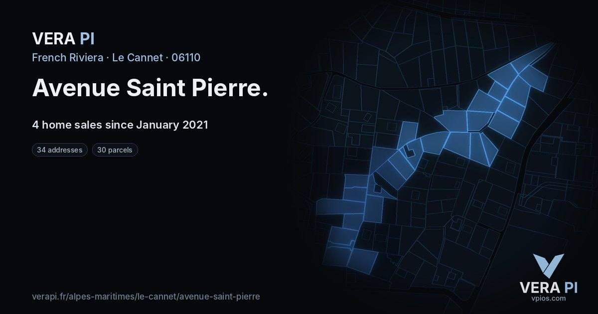Avenue Saint Pierre, Le Cannet at night – every parcel coloured by the prices around it, the street's own parcels lit