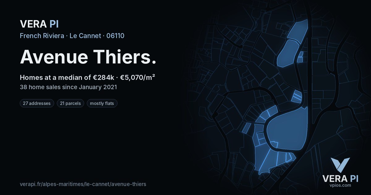 Avenue Thiers, Le Cannet at night – every parcel coloured by the prices around it, the street's own parcels lit