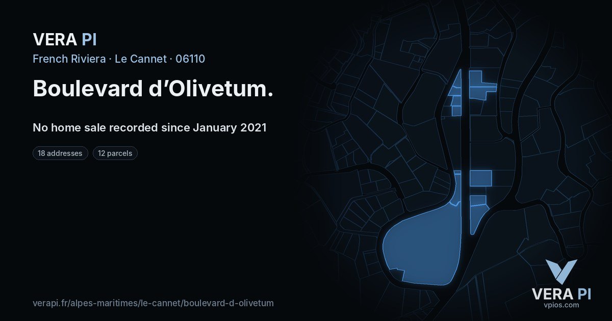 Boulevard d’Olivetum, Le Cannet at night – every parcel coloured by the prices around it, the street's own parcels lit