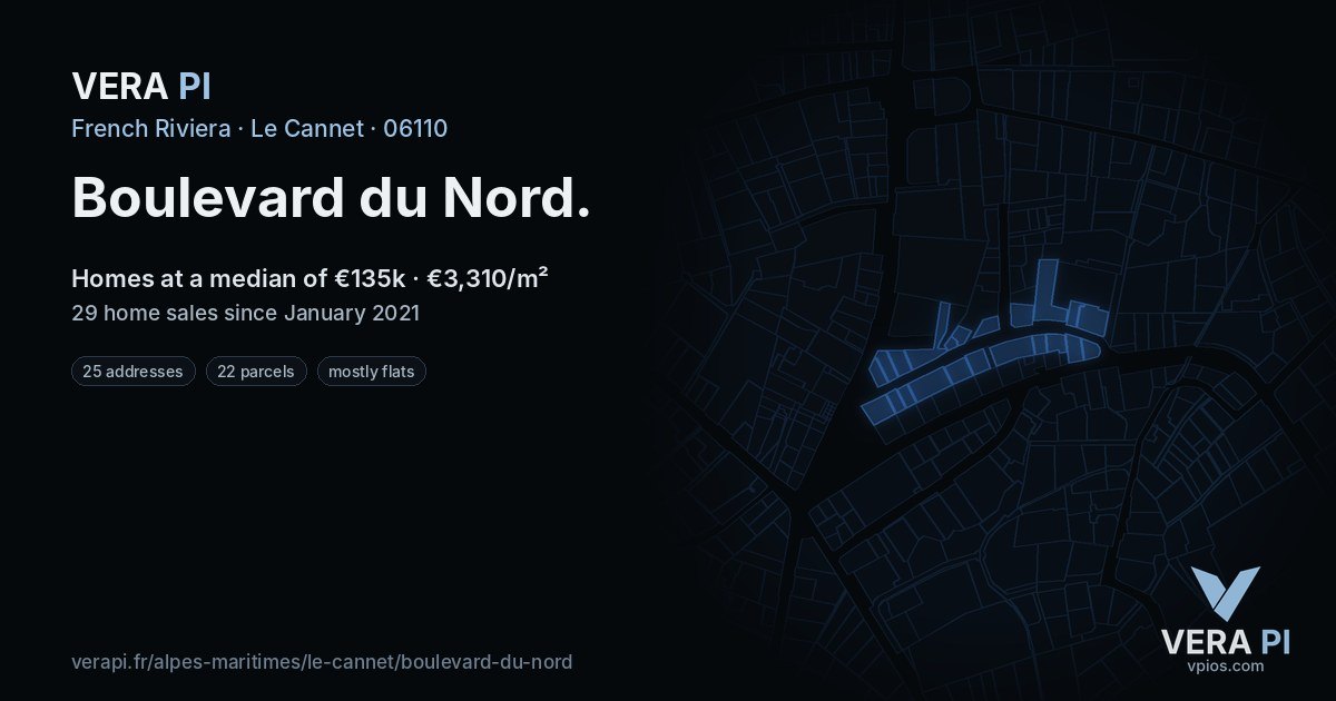 Boulevard du Nord, Le Cannet at night – every parcel coloured by the prices around it, the street's own parcels lit