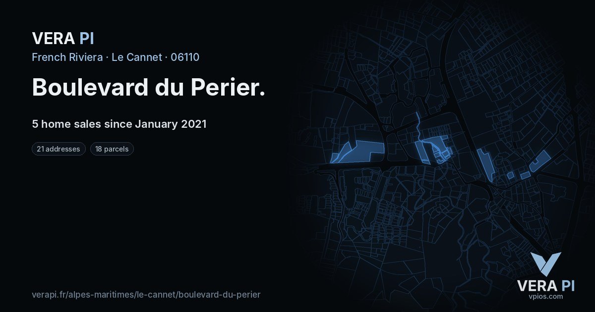 Boulevard du Perier, Le Cannet at night – every parcel coloured by the prices around it, the street's own parcels lit