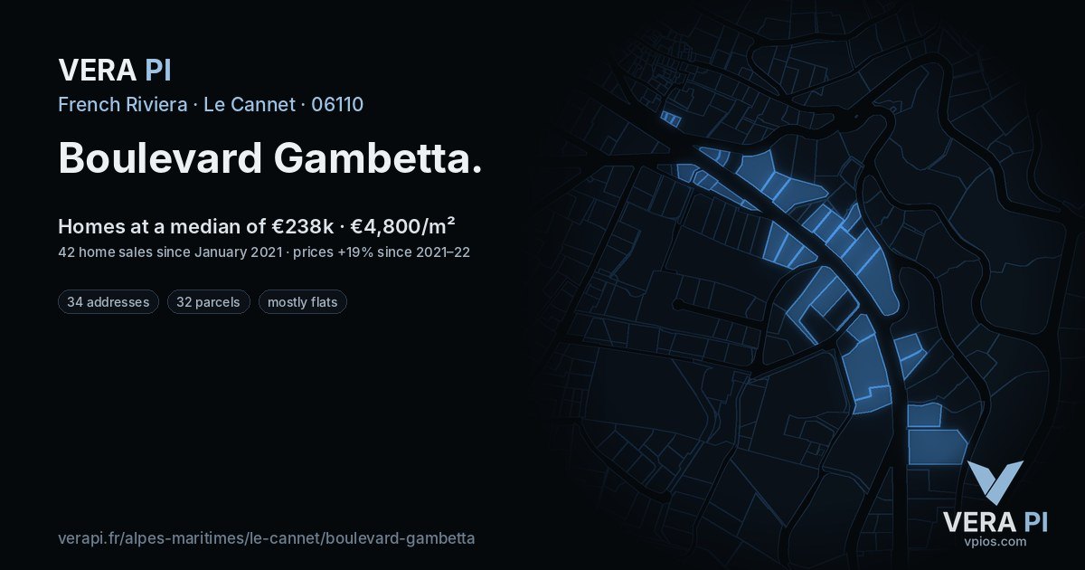 Boulevard Gambetta, Le Cannet at night – every parcel coloured by the prices around it, the street's own parcels lit