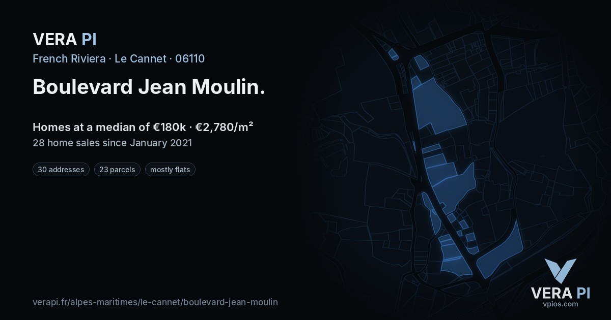 Boulevard Jean Moulin, Le Cannet at night – every parcel coloured by the prices around it, the street's own parcels lit