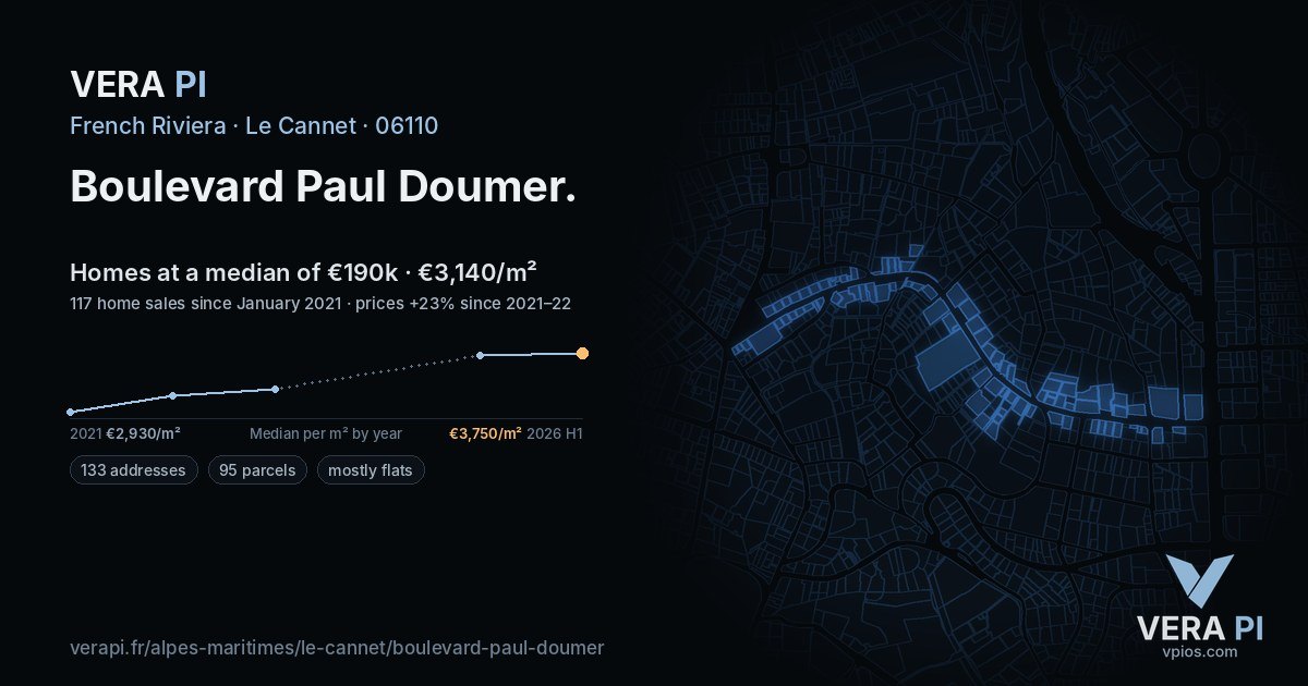 Boulevard Paul Doumer, Le Cannet at night – every parcel coloured by the prices around it, the street's own parcels lit