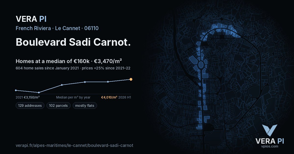 Boulevard Sadi Carnot, Le Cannet at night – every parcel coloured by the prices around it, the street's own parcels lit