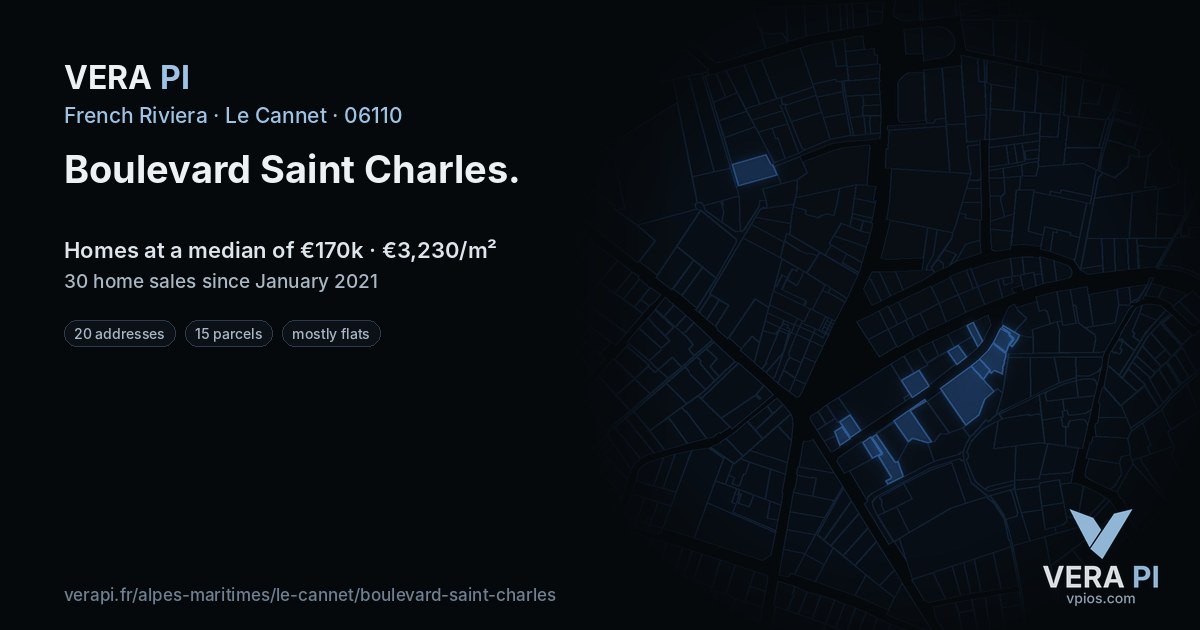 Boulevard Saint Charles, Le Cannet at night – every parcel coloured by the prices around it, the street's own parcels lit